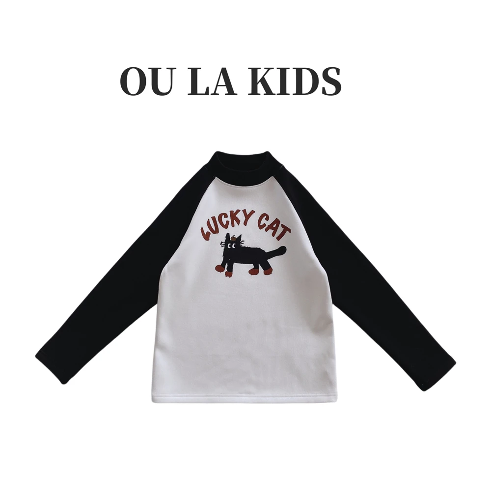 2024冬季新品女童韩版趣味小猫撞色插肩加绒打底百搭童装T恤G6711