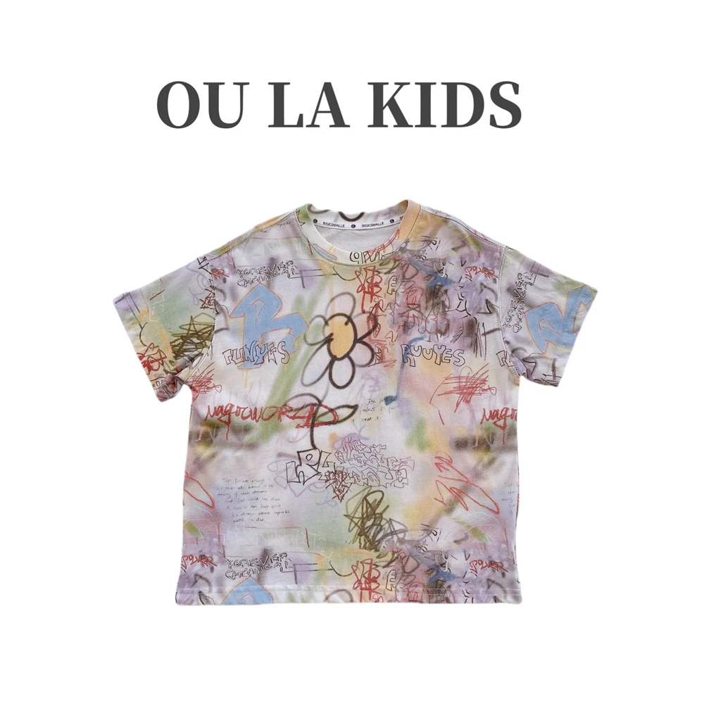2024夏新品女童欧范儿时髦全版涂鸦印花宽松休闲短袖T恤SP3370