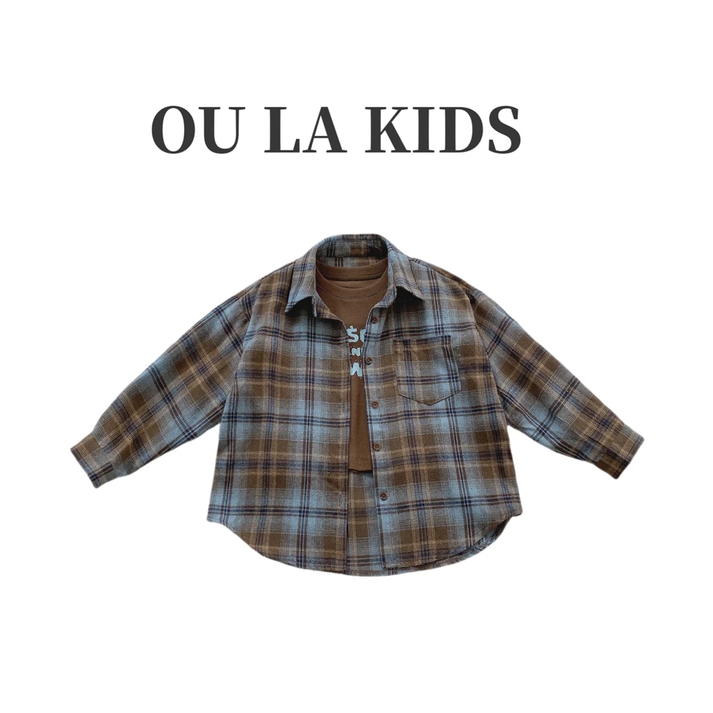 2024秋季新品女童复古宽松格纹衬衫字母合身长袖T恤童装套装75917