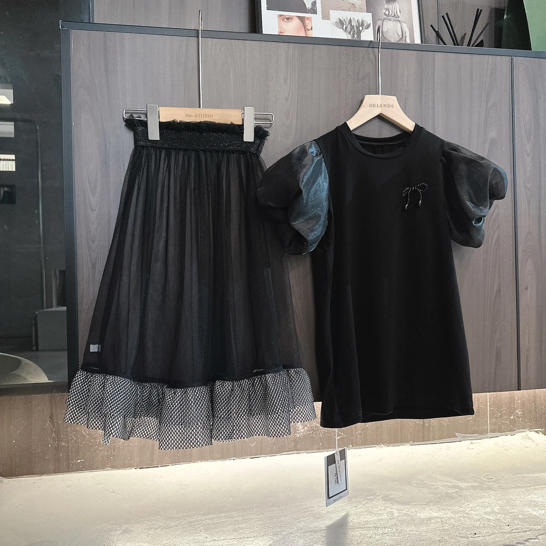 2024夏季新品女童蝴蝶结网纱泡泡短袖拼接网格纱裙童装套装25417