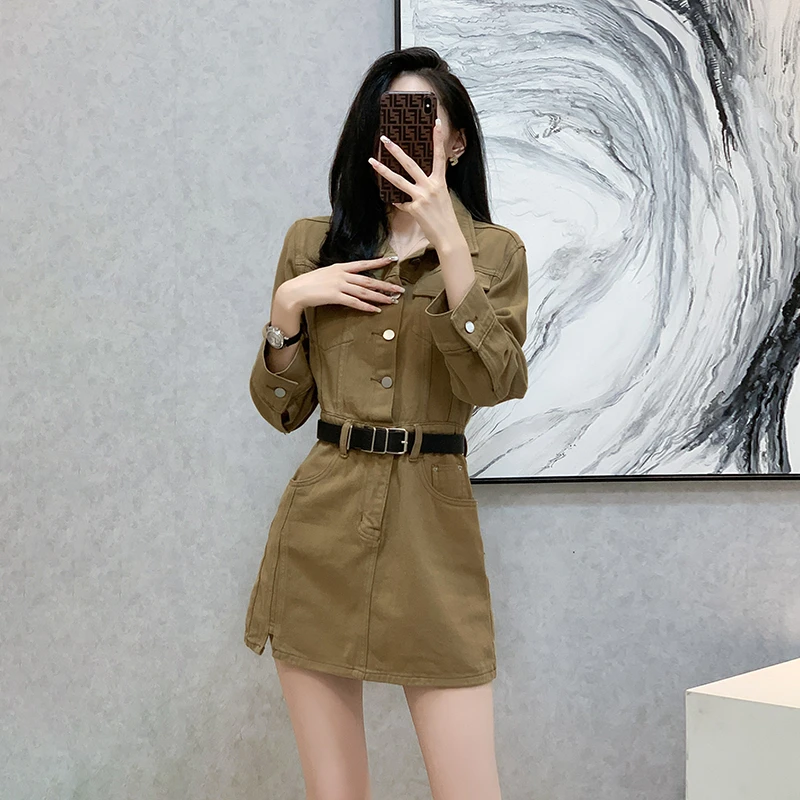 甜酷风高级感洋气减龄小个子收腰显瘦polo领牛仔连衣裙女早春新款