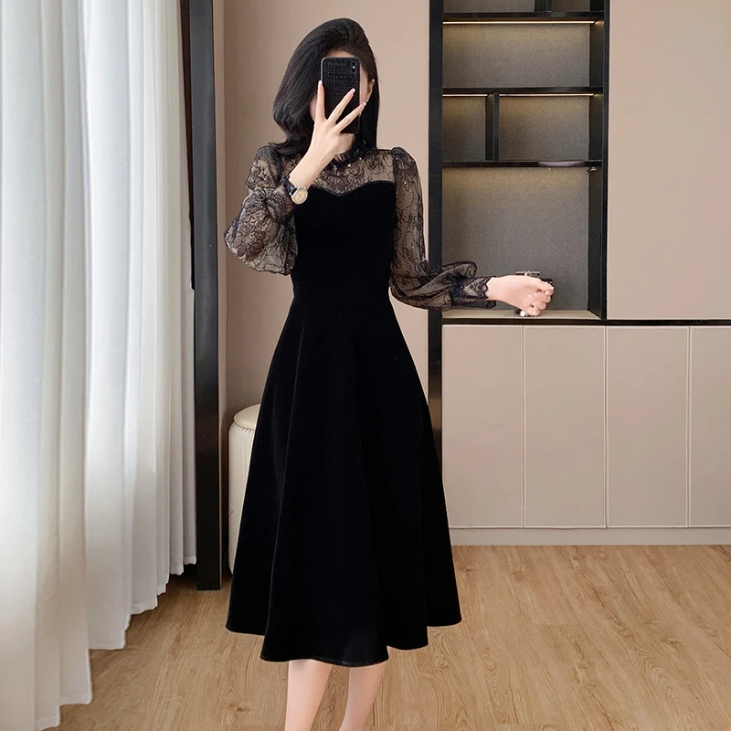 2025秋季新款法式高级感亮片蕾丝拼接轻奢气质优雅大摆丝绒连衣裙