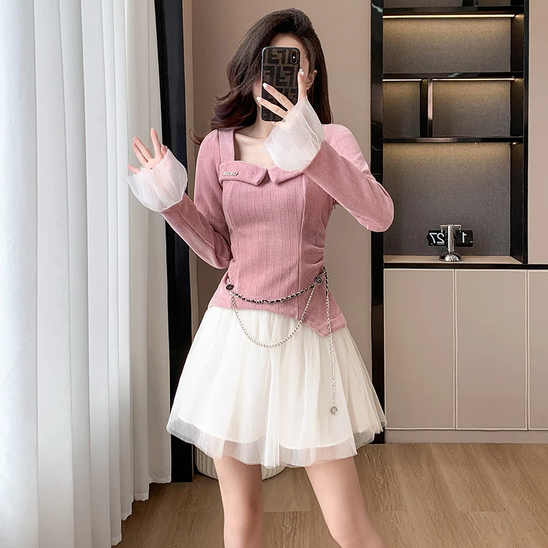 2024秋季新款小香风时尚派对礼服甜美网纱蓬蓬裙雪尼尔减龄连衣裙