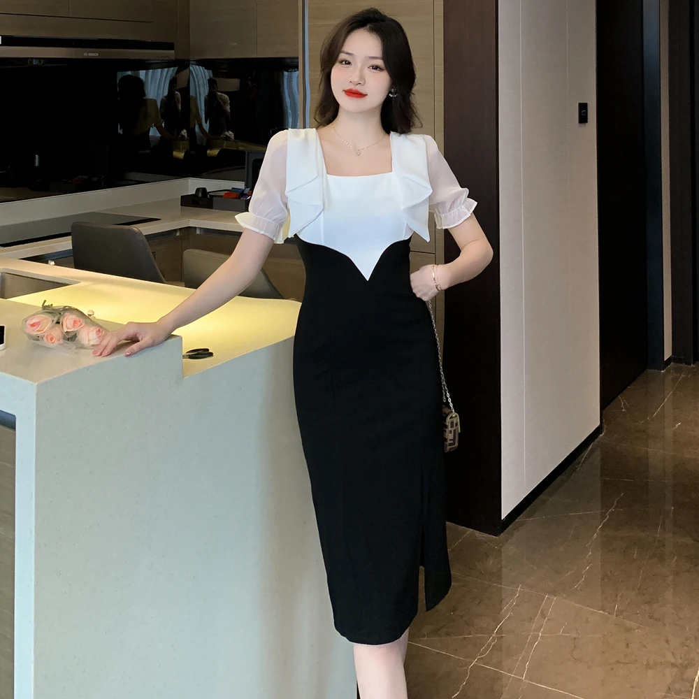 法式方领包臀连衣裙女夏季黑白撞色拼接复古优雅气质修身开叉裙子