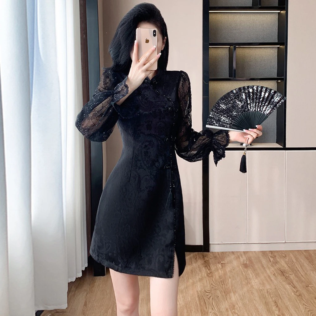 新中式蕾丝改良旗袍连衣裙2024秋季新款名媛气质提花收腰显瘦短裙