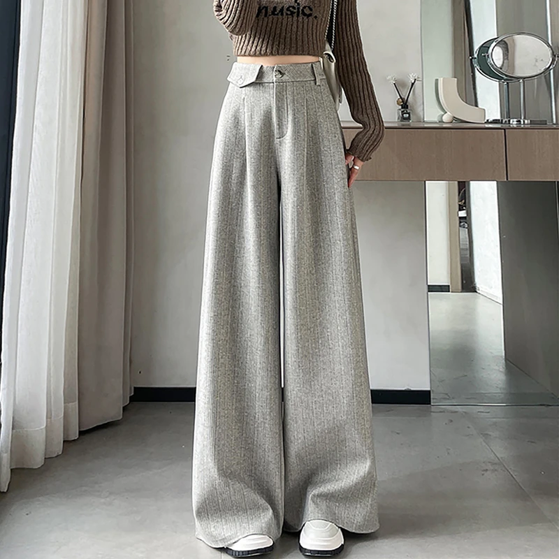 加绒麦穗纹毛呢阔腿西装裤女秋冬季高腰垂感直筒小个子休闲拖地裤