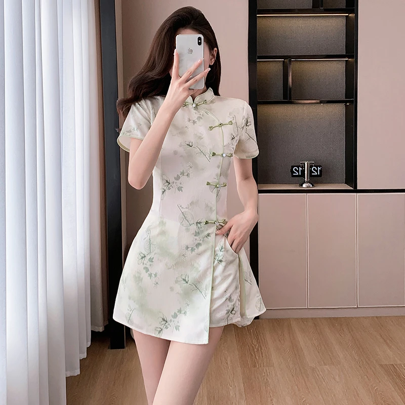新中式改良旗袍连衣裙套装2025夏季新款小个子印花短裤套装两件套