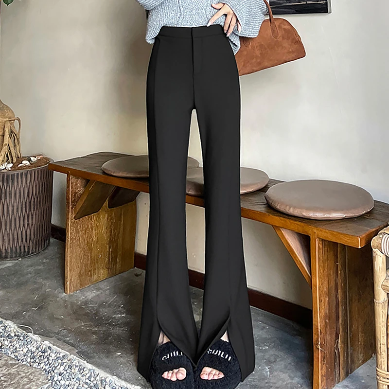 2024秋冬季新款黑色开叉微喇西装裤子女加绒高腰显瘦喇叭裤马蹄裤