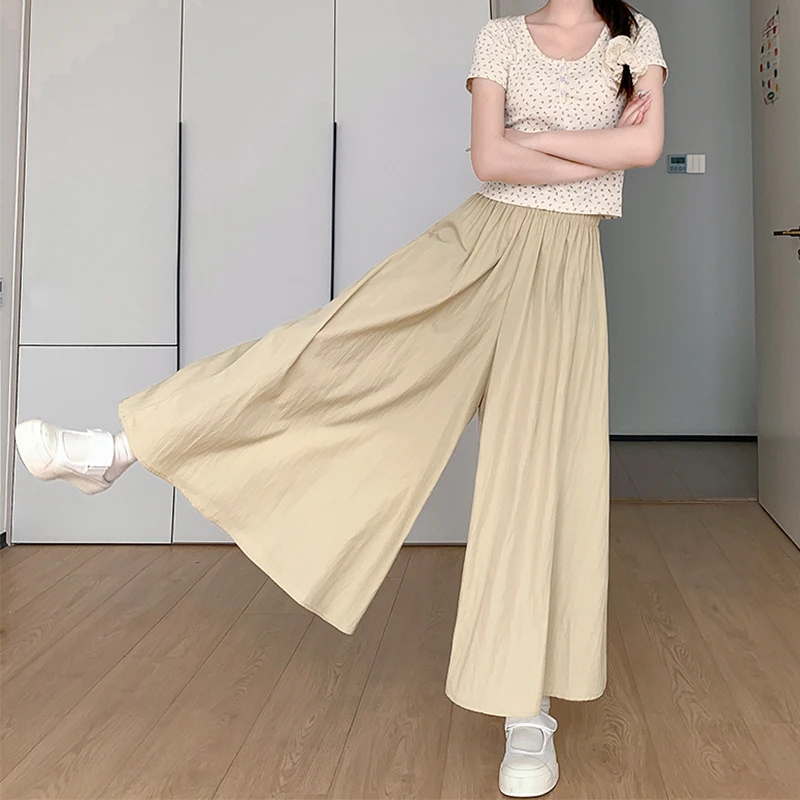 杏色山本半身裙裤女夏季新款松紧腰垂感大裙摆a字长裙高腰阔腿裤