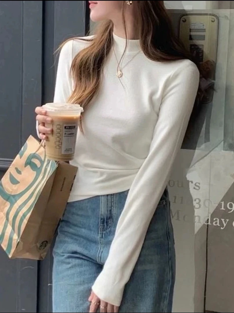 1996半高领薄绒高弹力螺纹棉打底衫 2024冬立领保暖显瘦打底衫女