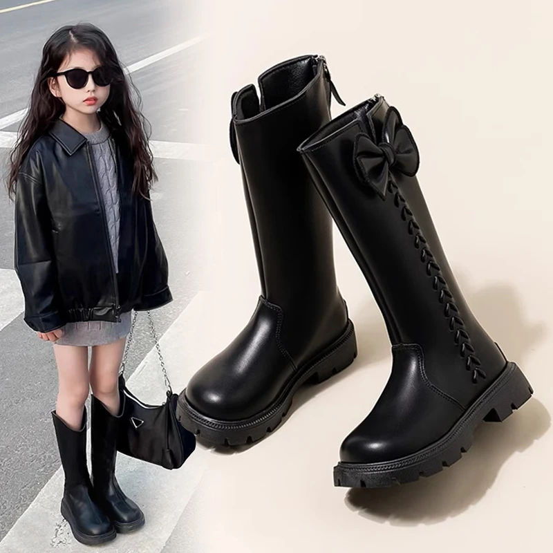 ABC女童鞋儿童长筒皮靴2024新款秋冬新款公主女孩马丁靴长靴单靴