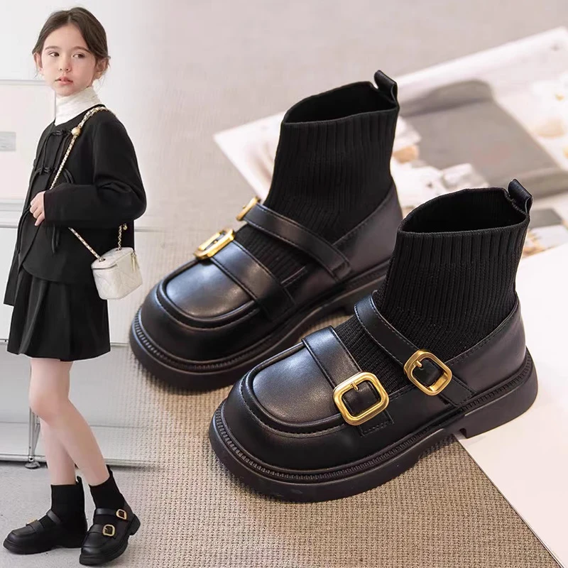 ABC女童鞋子小皮鞋儿童马丁短靴2025秋冬新款公主黑皮靴针织袜靴
