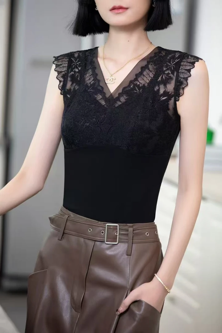 法式蕾丝拼金丝绒美背无钢圈托胸不跑杯打底蚕丝背心内搭女款无袖