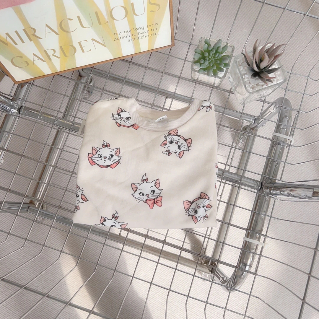 3712女童卡通小猫印花圆领套头卫衣