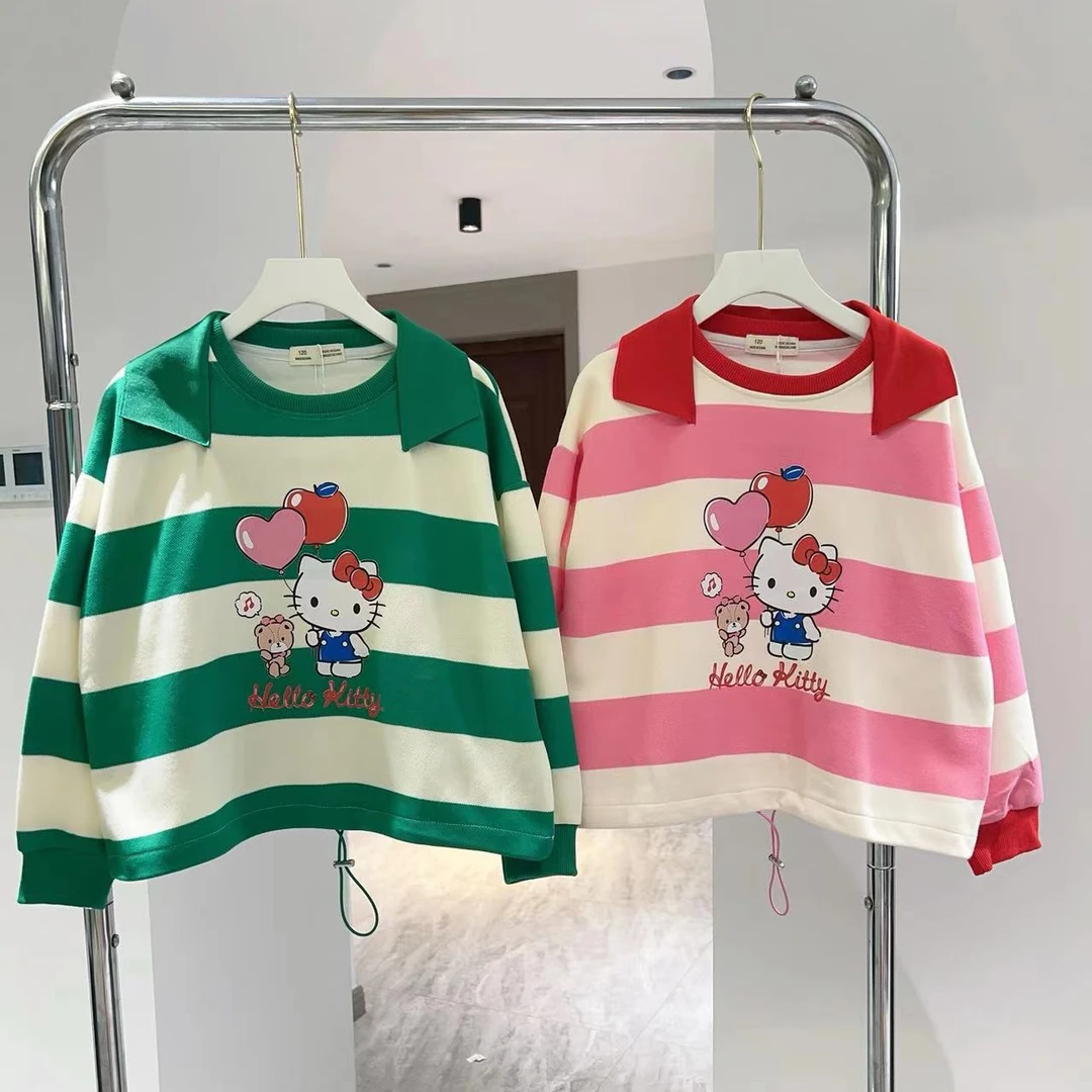 125颜粉集中，女童新秋款超可爱翻领印花条纹上衣