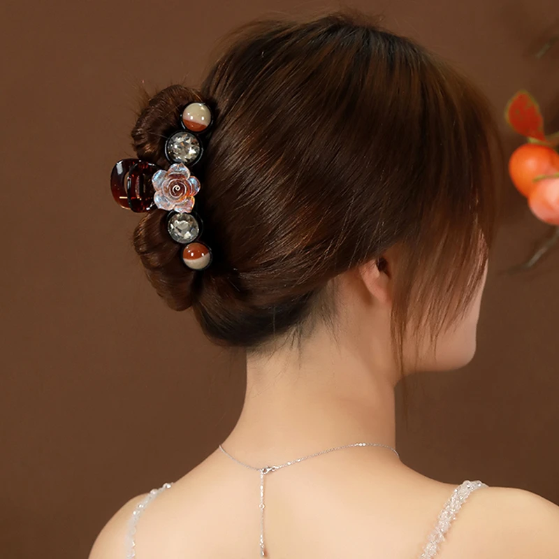 精致晕染花朵抓夹女2024新款高级感气质水钻后脑勺夹子头饰