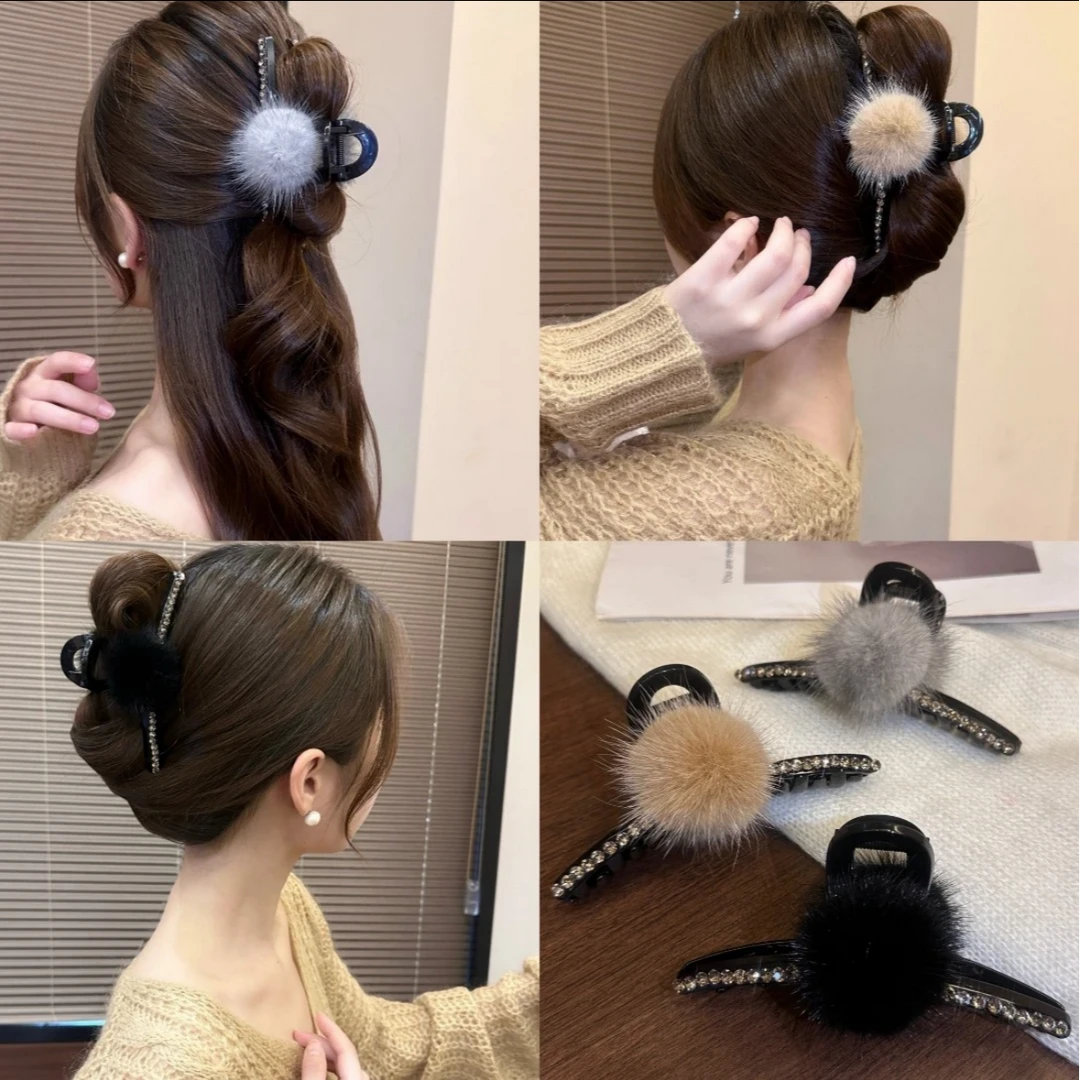 韩国秋冬新款水貂毛球鲨鱼夹高级感闪亮水钻大号抓夹后脑勺发夹