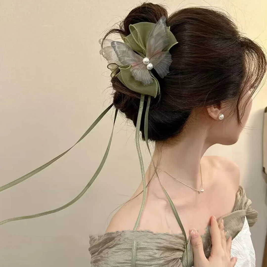 新中式古风蝴蝶珠珠绿色飘带抓夹新款超仙气质夹子汉服旗袍配饰
