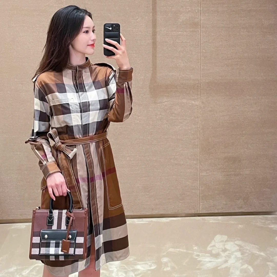 99新 BURBERRY/博柏利 格纹棉府绸束腰衬衫连衣裙 42码 ys000180