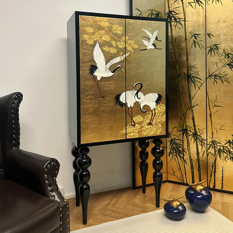 78*40*162餐边家用复古玄关装饰柜手绘客厅实木储物高脚柜艺术柜