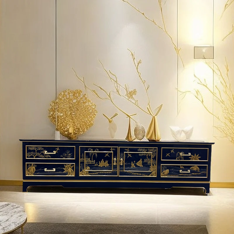 新中式彩绘手绘电视柜轻奢实木抽屉烤漆简约现代小户型客厅储物柜