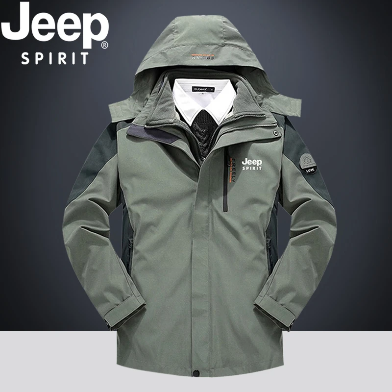 JEEPSPIRIT夹克男冲锋衣外套三合一可拆卸防风休闲户外加绒上衣男