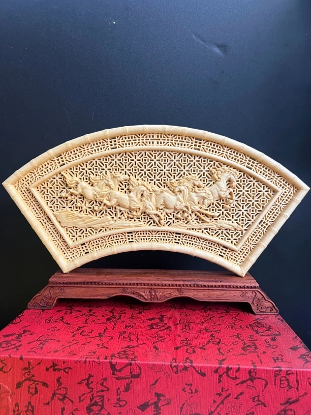 桧木雕刻八骏马扇形摆件中式背景墙装饰客厅玄关挂件