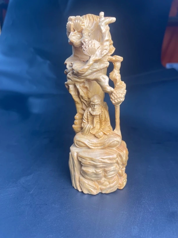 崖柏木雕松下达摩工艺品摆件中式家居装饰高16厘米