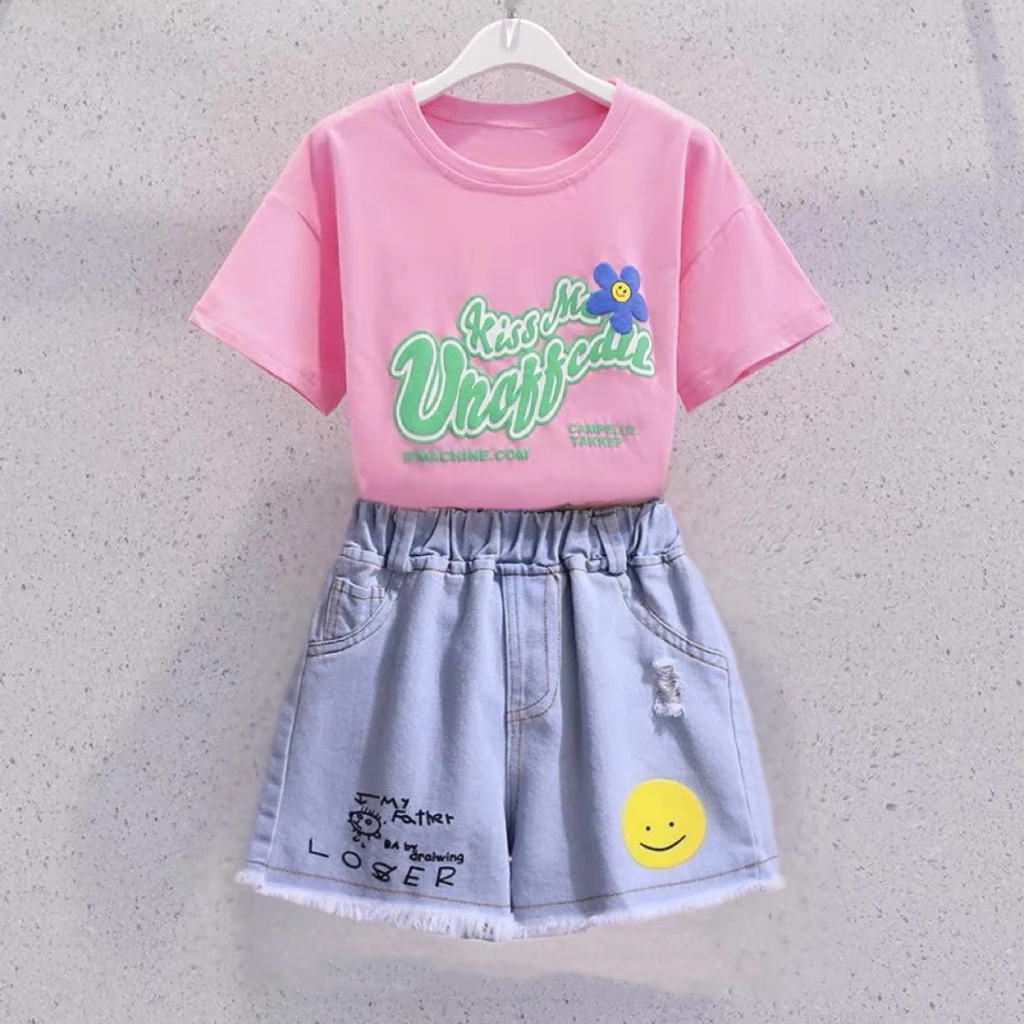中大童牛仔两件套夏装女童短袖休闲套装夏季儿童网红新款洋气短裤