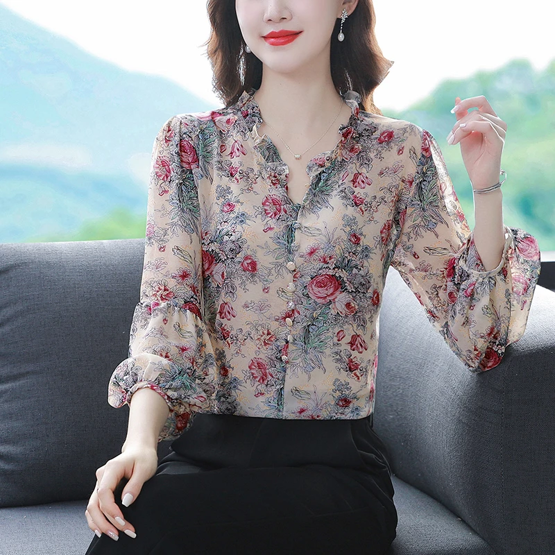 丝绸真丝衬衫百搭上衣印花短袖新款正宗高端一字肩娃娃衫上档次