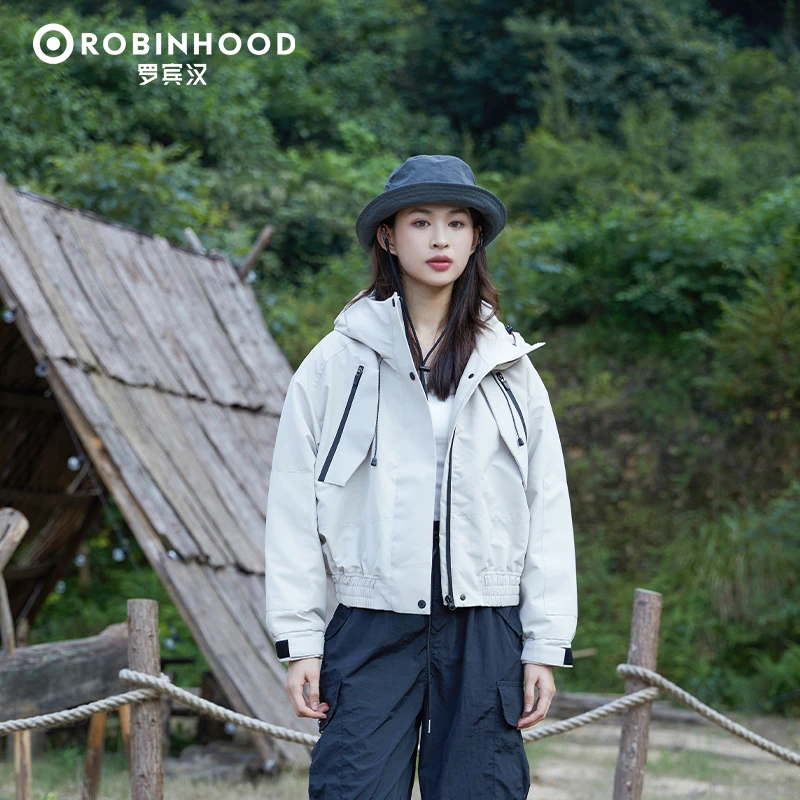 罗宾汉鹅绒户外防风登山休闲时尚短款拼接羽绒服运动