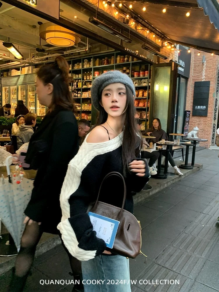 美国妹Meiguo韩系甜美拼色露肩百搭毛衣#526