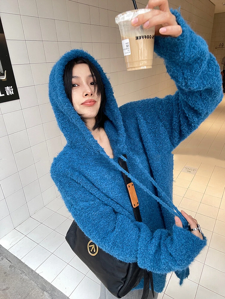 网红新款宽松百搭两色连帽显瘦针织简约套头毛衣#857