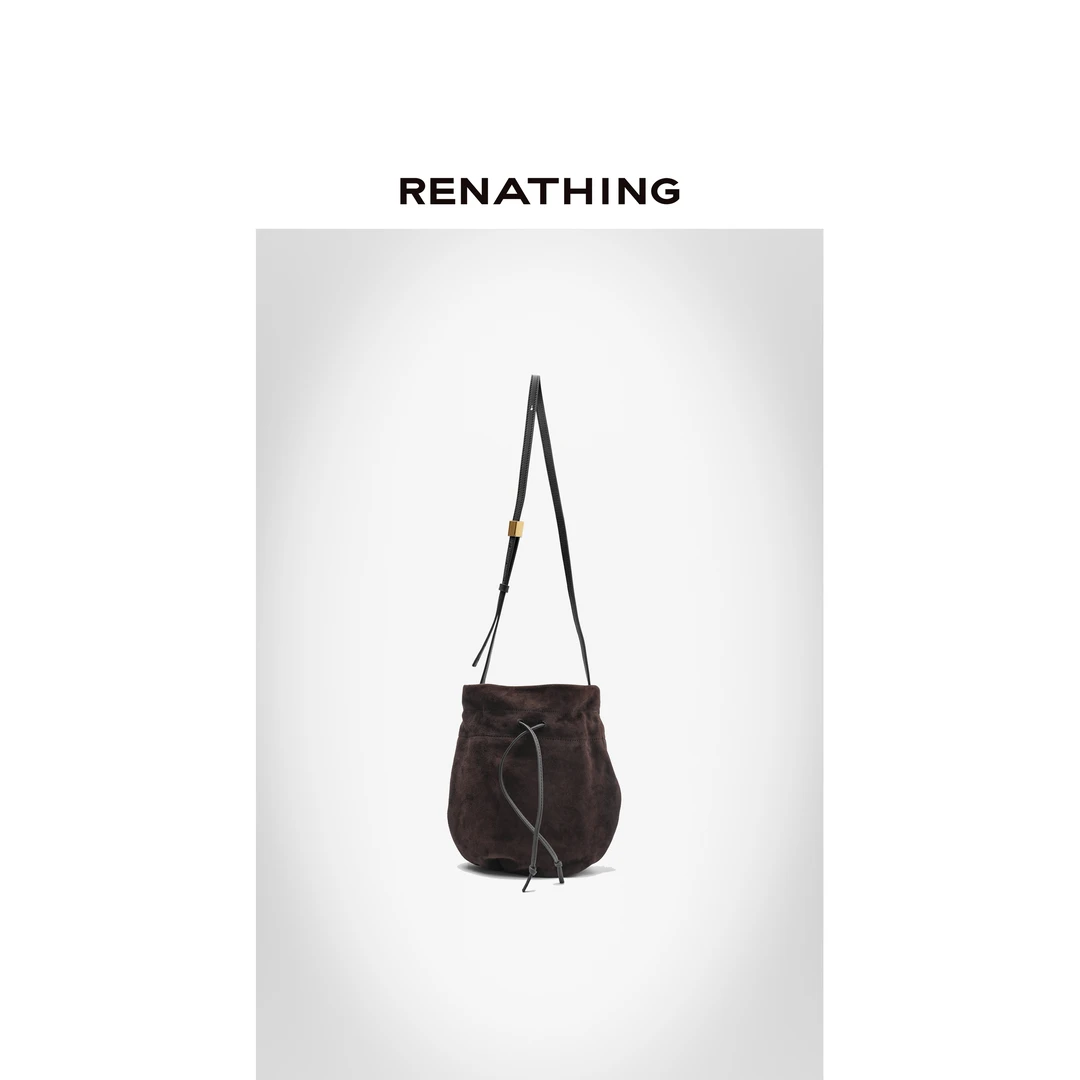 【RENATHING】棕色绒面抽绳斜挎包