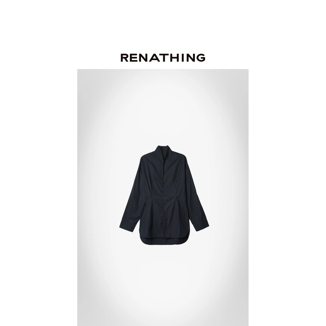 【RENATHING】青果领捏褶收腰长袖衬衫