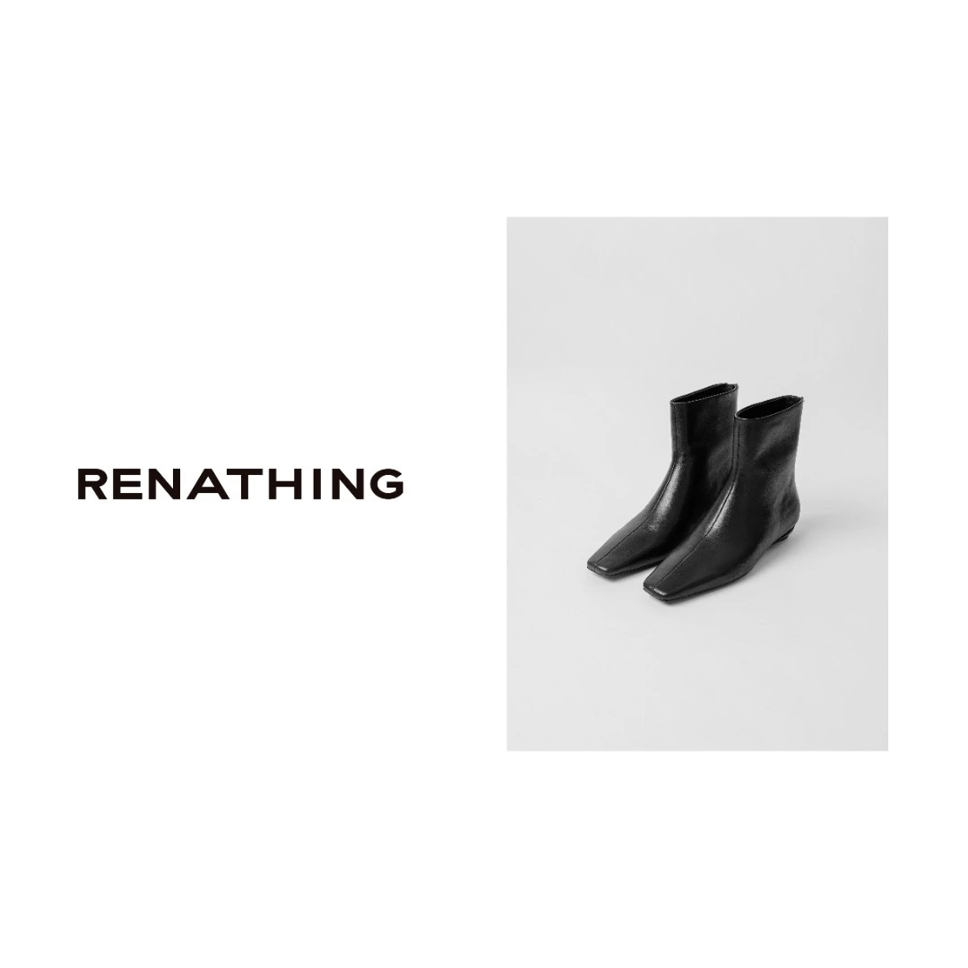 【RENATHING】黑色方头中缝低跟踝靴
