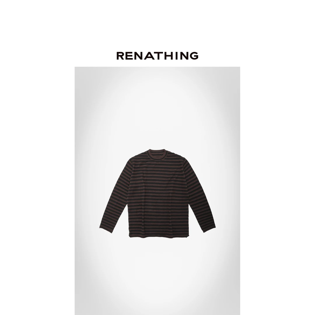 【RENATHING】立体条纹圆领宽松长袖T恤