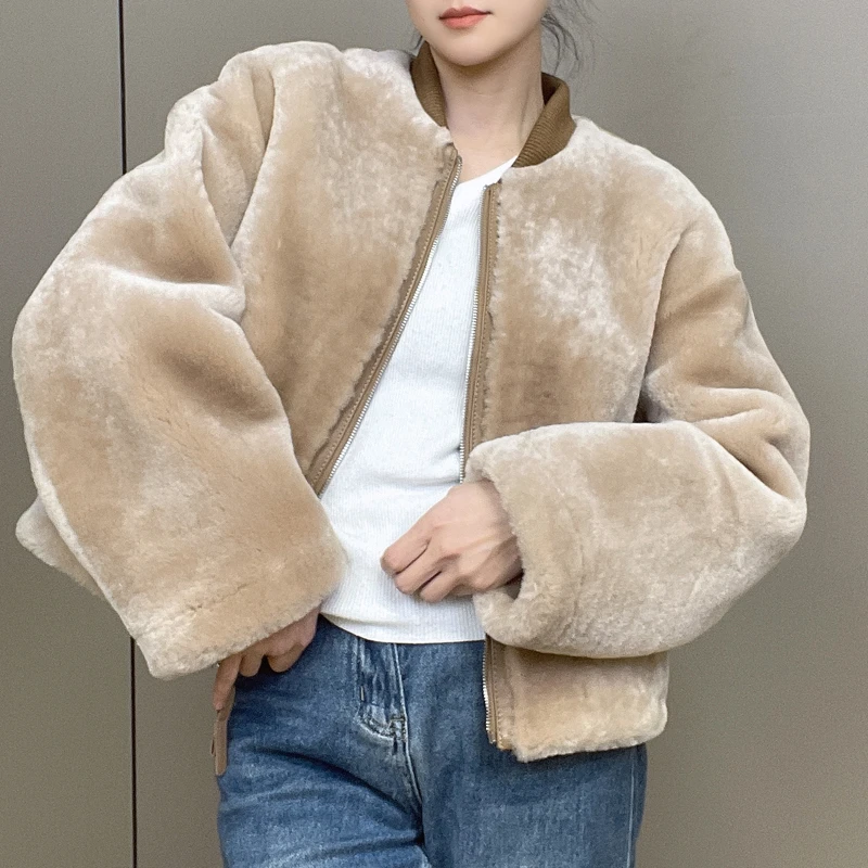 JL2469海宁皮毛一体外套女短款真皮羊羔毛机车棒球服显瘦皮草