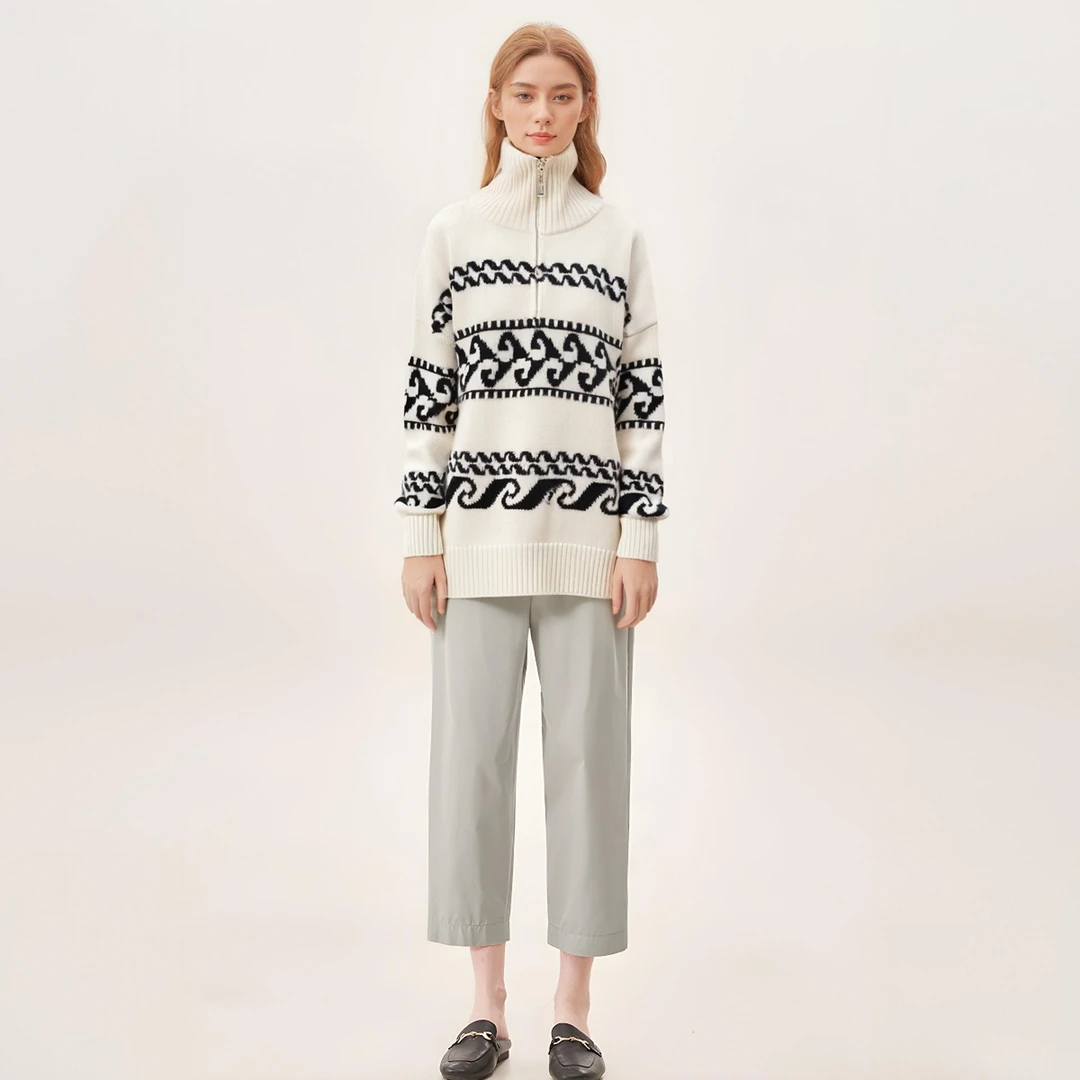 【绒弯湾】秋冬运动休闲宽松提花套头羊绒印花针织衫