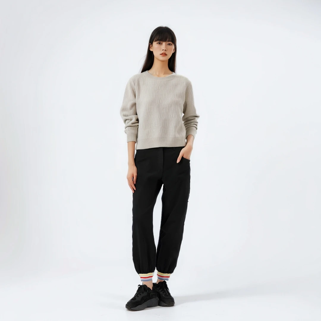 【绒弯湾】秋冬休闲简约宽松圆领圆领套头长袖时尚羊绒纯色针织衫