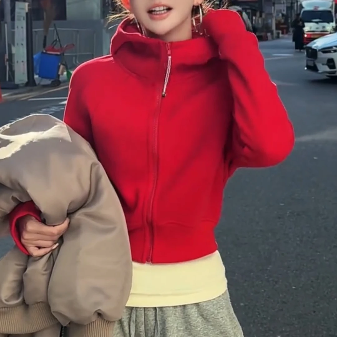 韩版网红爆款加绒加厚连帽显瘦短款超模卫衣外套女洋气减龄开衫