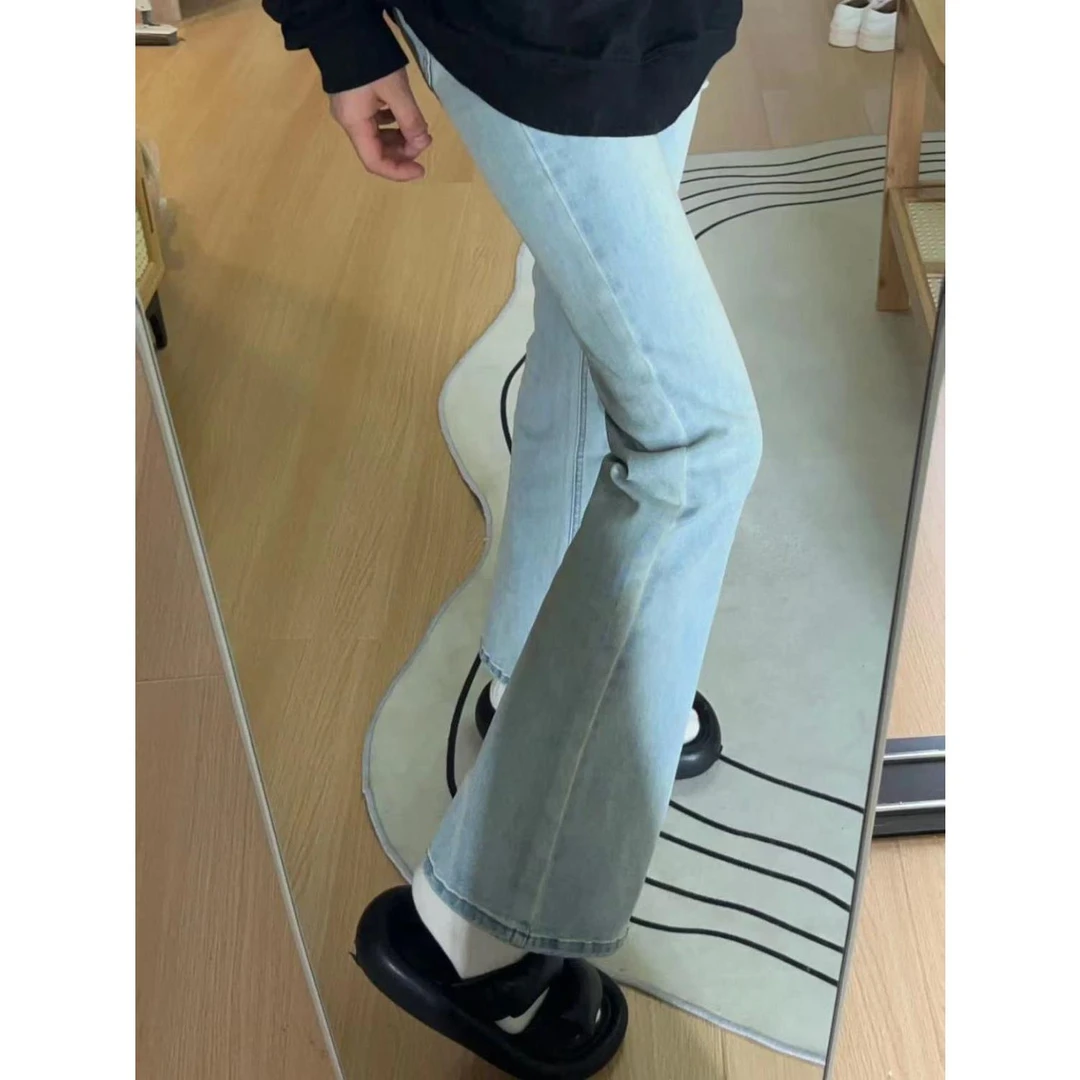 高腰修身微喇叭马蹄牛仔裤女袭击新款高街复古辣妹拖地长裤子ins