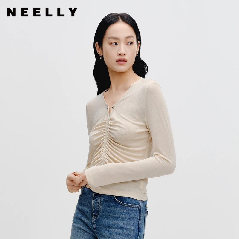 【小云总专享】NEELLY纳俪V领褶皱修身长袖T恤N23081T01069