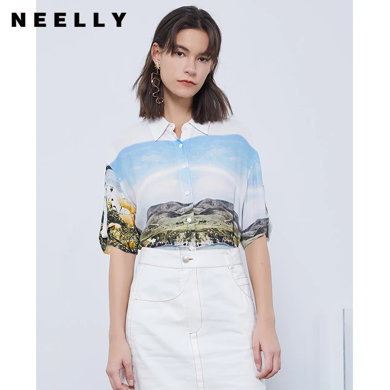 【小云总专享】NEELLY纳俪条纹印花五分袖短衬衫N052005AB100