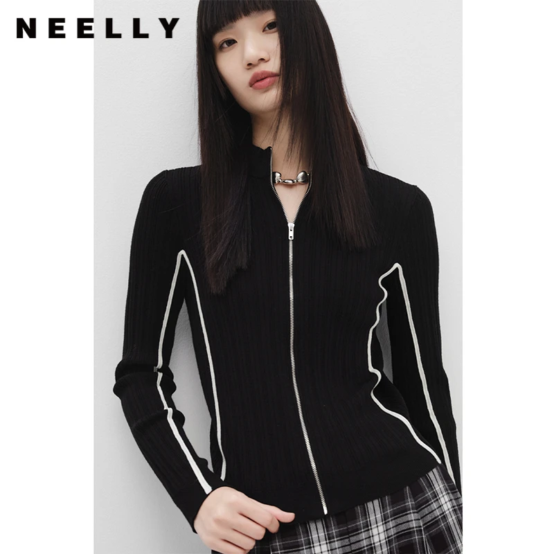 【小云总专享】NEELLY纳俪拼接立领修身短款针织衫N22101A01007