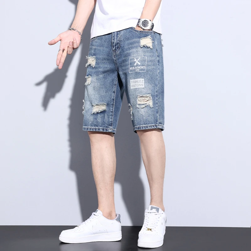 男士青春活力2024新款韩版时尚潮流年轻酷破洞牛仔五分裤潮牌休闲