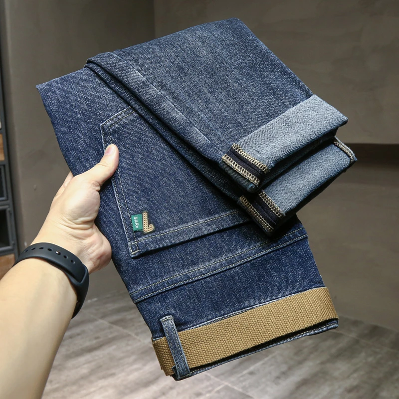 2023年秋冬季男装牛仔新款潮牌印花刺绣高端时尚修身小直筒长裤