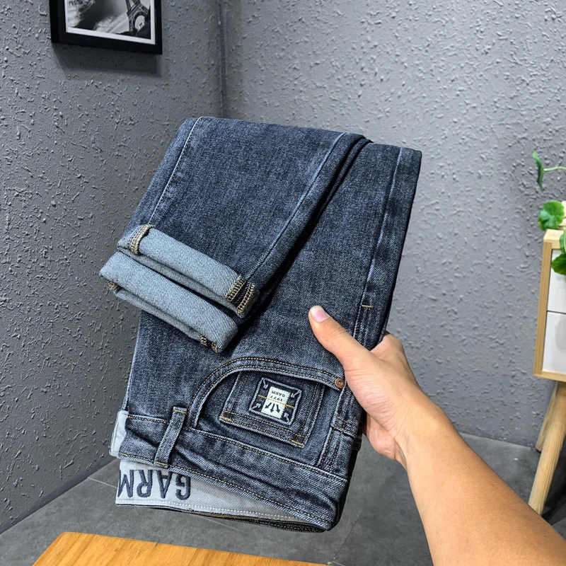 2023【秋冬长裤】秋季牛仔裤男蓝灰色商务休闲修身小脚弹力长裤子