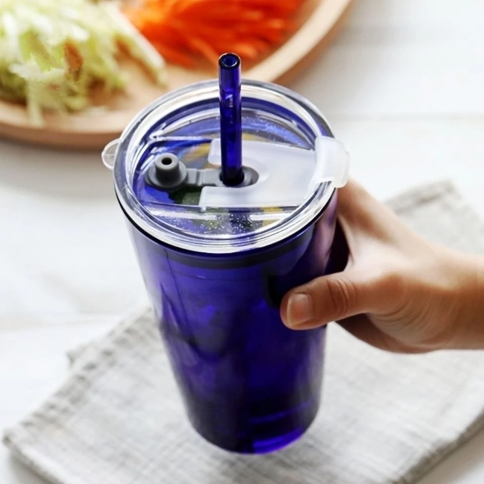 老师推荐蓝色太阳水瓶太阳水杯耐热玻璃带吸管