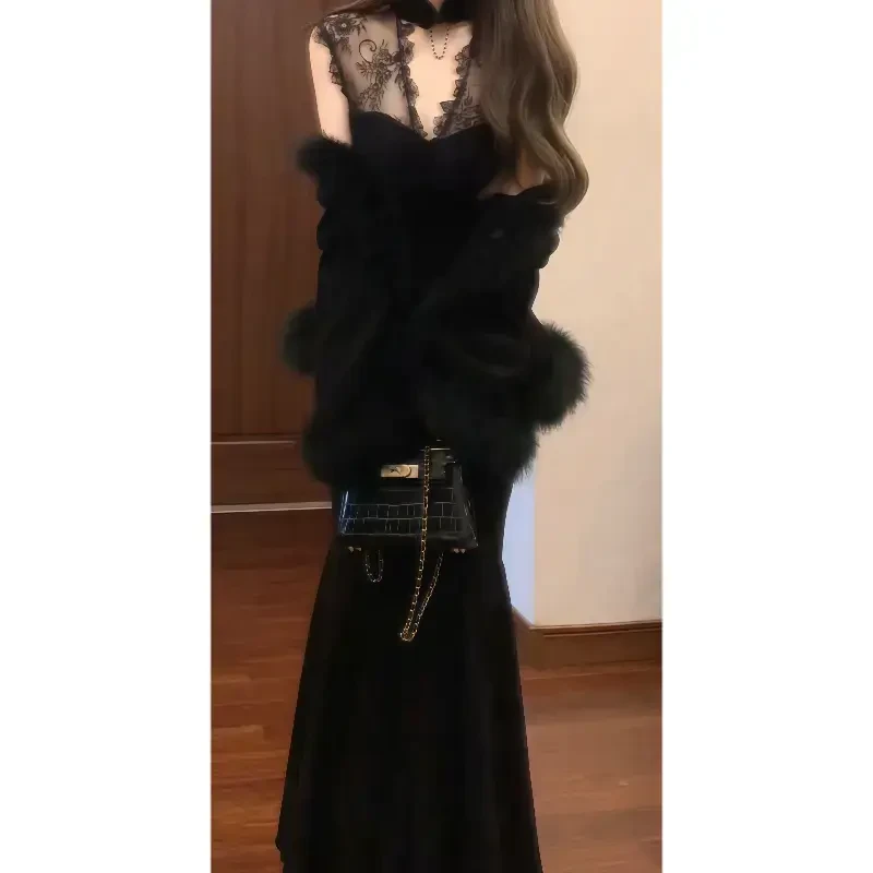 【卢浮夜宴】千金风贵气感秋冬毛毛外套&加厚蕾丝修身鱼尾旗袍套装